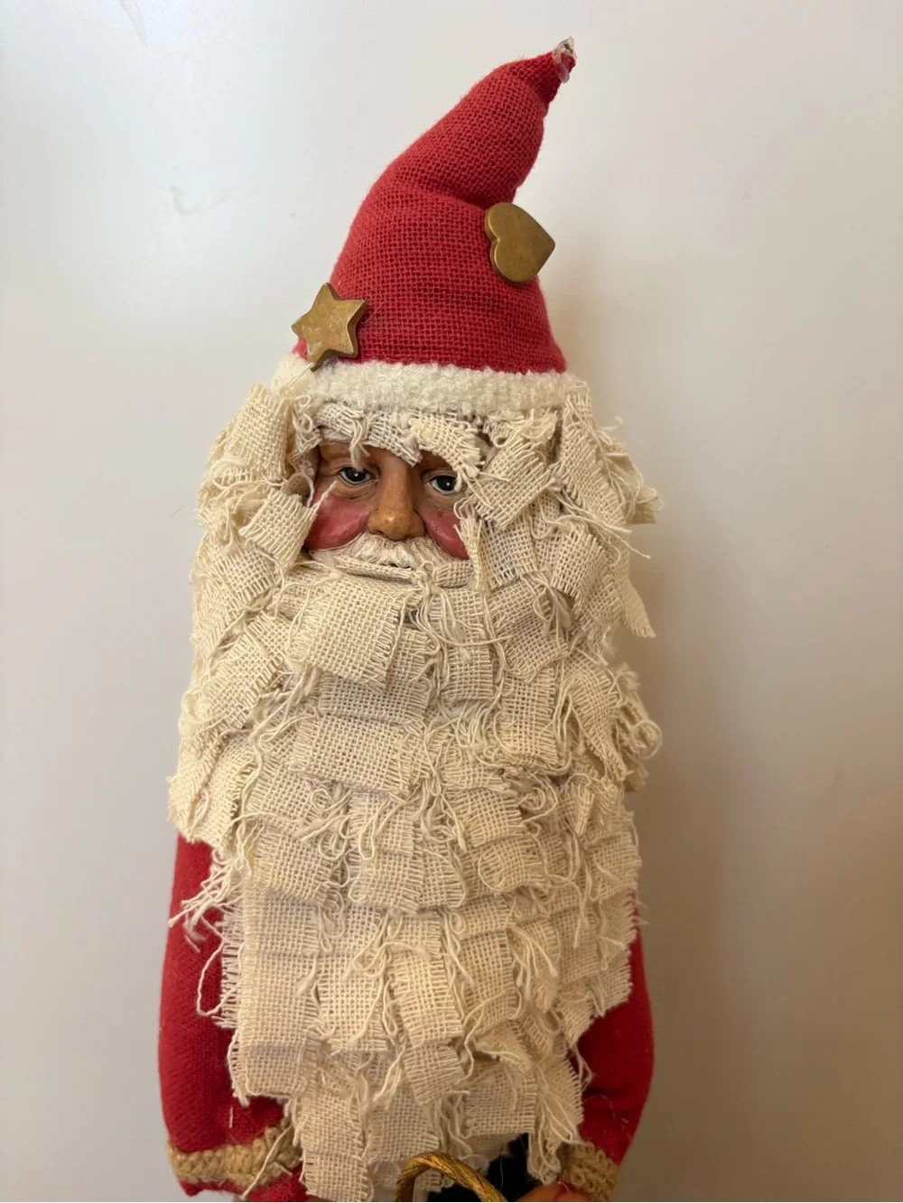 Vintage Folk Art Santa Claus Figurine Rustic Fabric Layered Beard Patchwork Coat